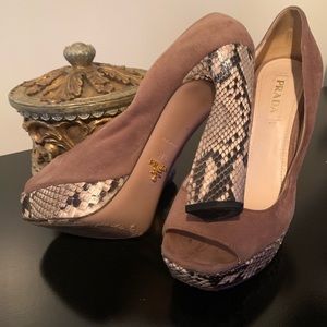 Prada Suede and Snake Peep Toe Pumps